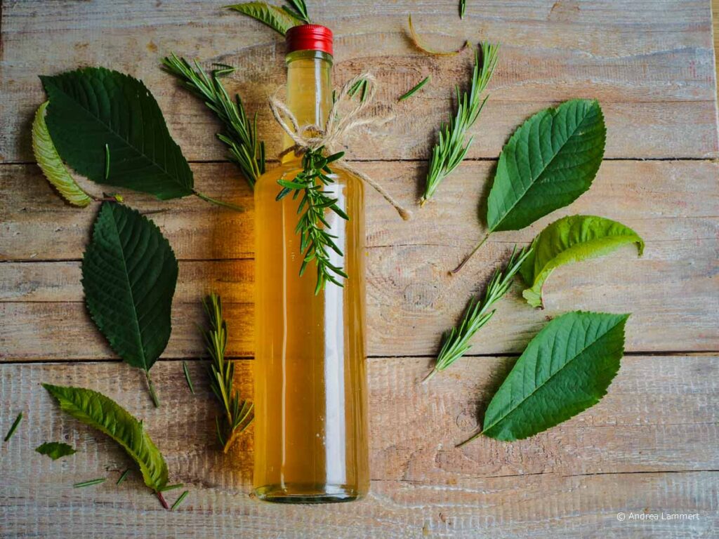 Rezept für selbstgemachte Limonade aus Kirschblättern und Rosmarin